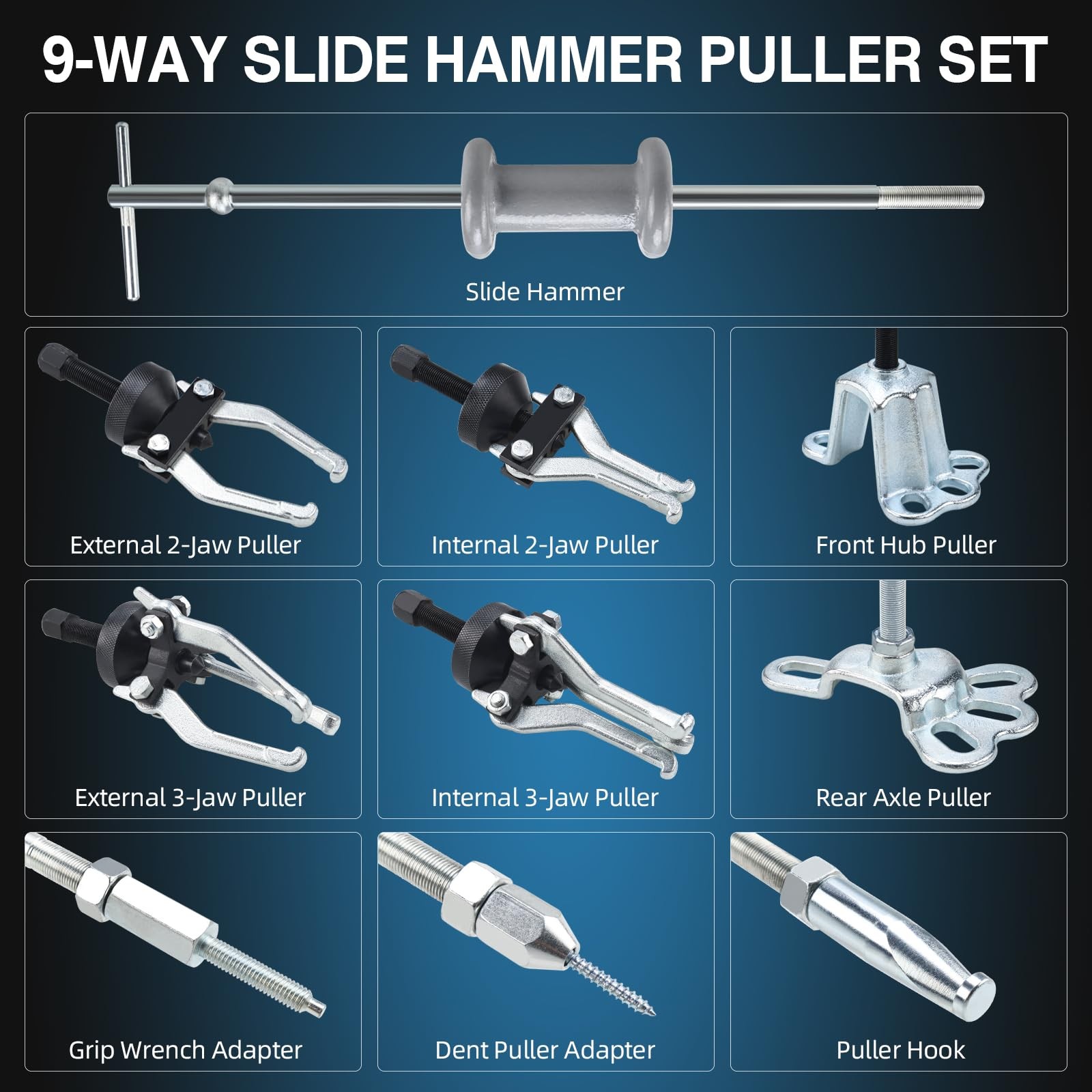 8MILELAKE 9 Way Slide Hammer Puller Set Axle Hub Wheel Bearing Dent Remover