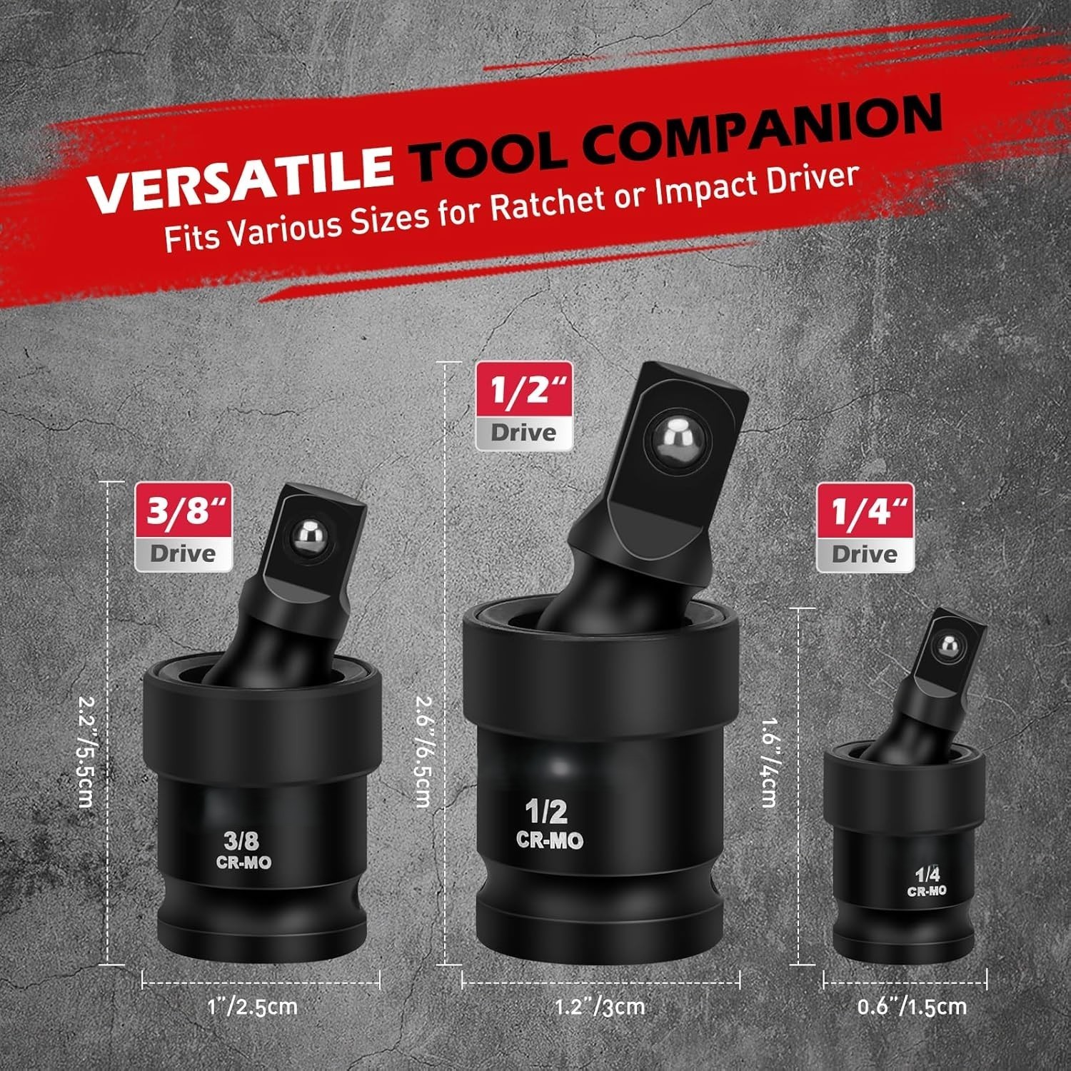 3 PC Pneumatic Impact Universal Joint Socket Set Swivel Ball 1/2″ 3/8″ 1/4″