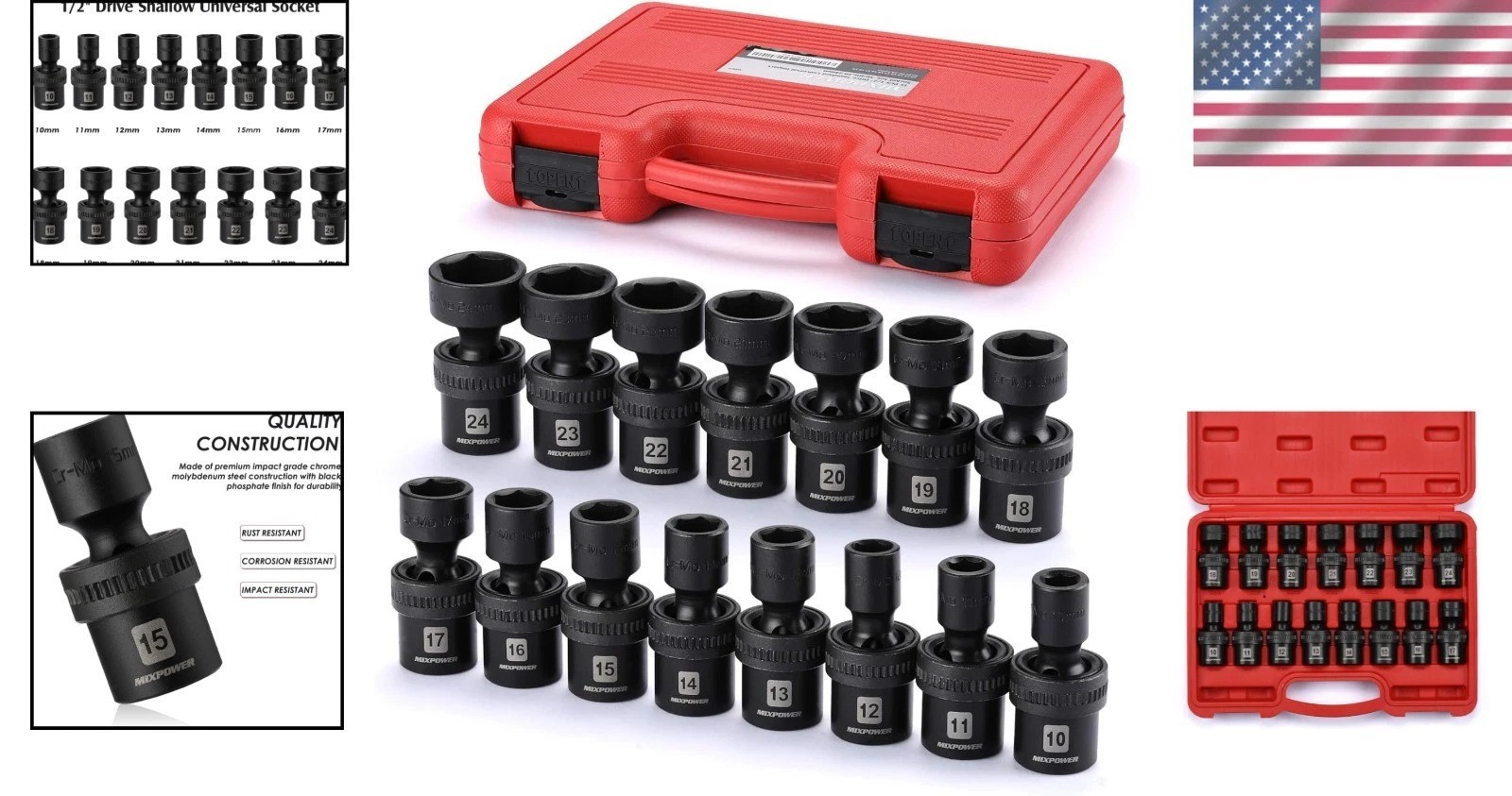 15-Piece Universal Impact Socket Set, Metric, Swivel Socket