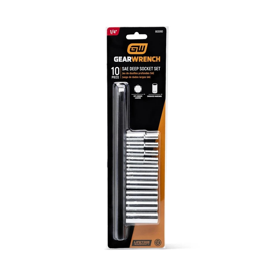 10 Pc. 1/4″ Drive 12 Pt. Deep Socket Set, SAE