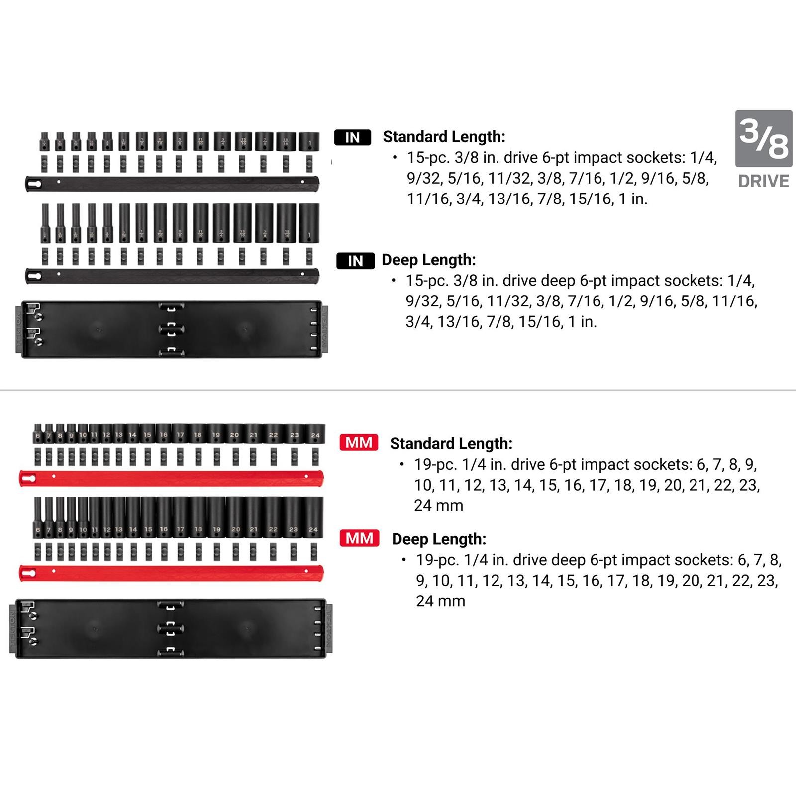 Tekton SID99200 1/4, 3/8, 1/2″ Drive 6-Point Impact Socket Set