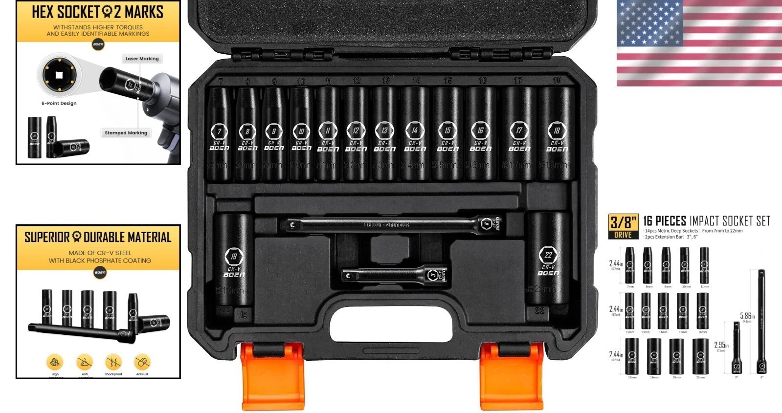 16-Piece Metric Impact Socket Set 7-22mm with Extensions in Heavy-Duty Case