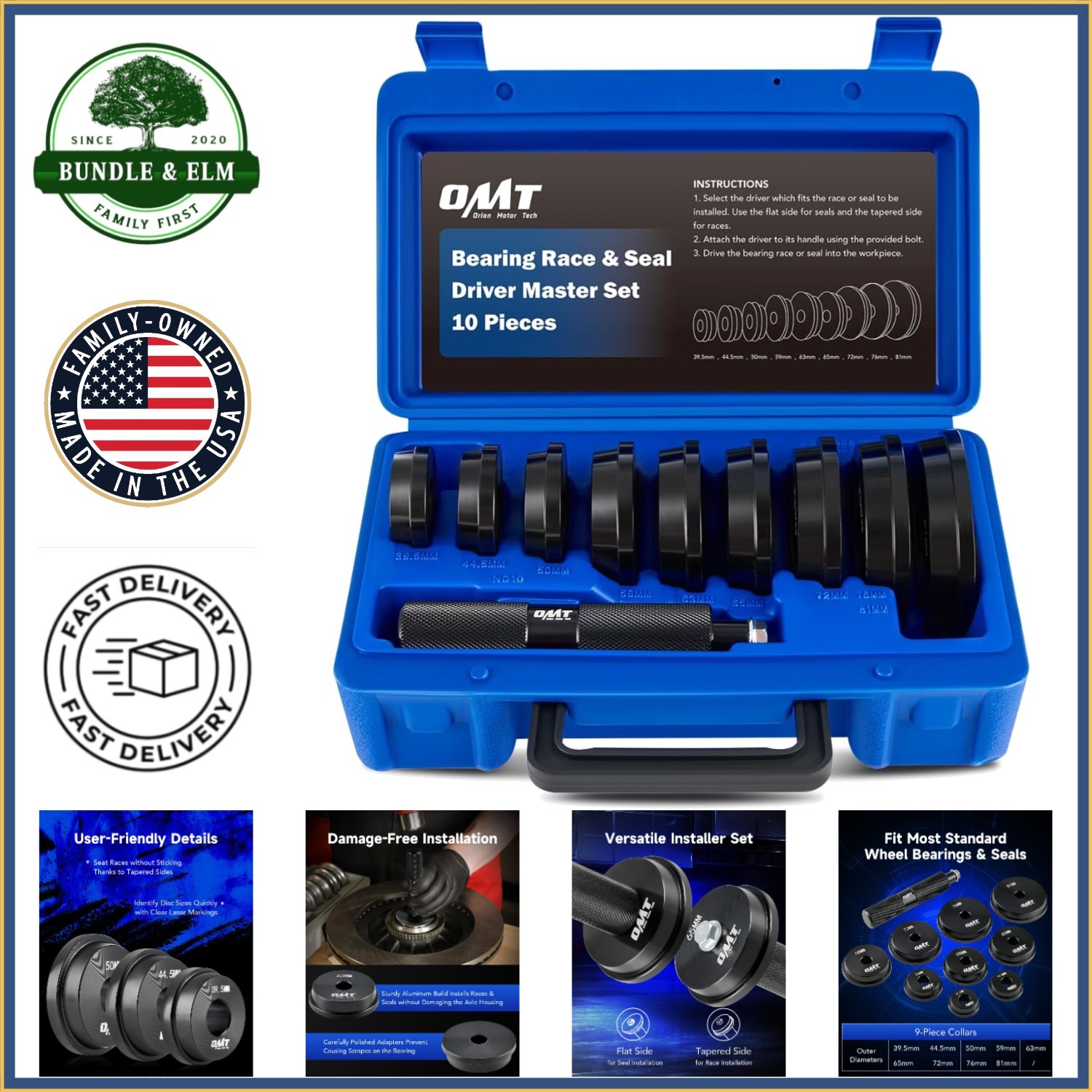 Bearing Race and Seal Driver Set with Dual-Sided Adapters and Storage Case