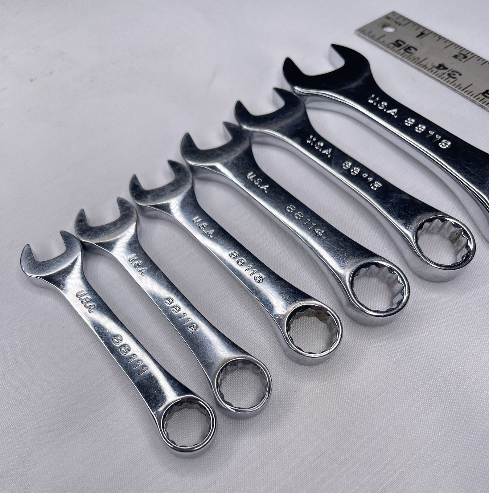 S-K Stubby Metric Combo Wrench Set of 6 Polished USA SK 11mm – 15mm, 19mm Clean