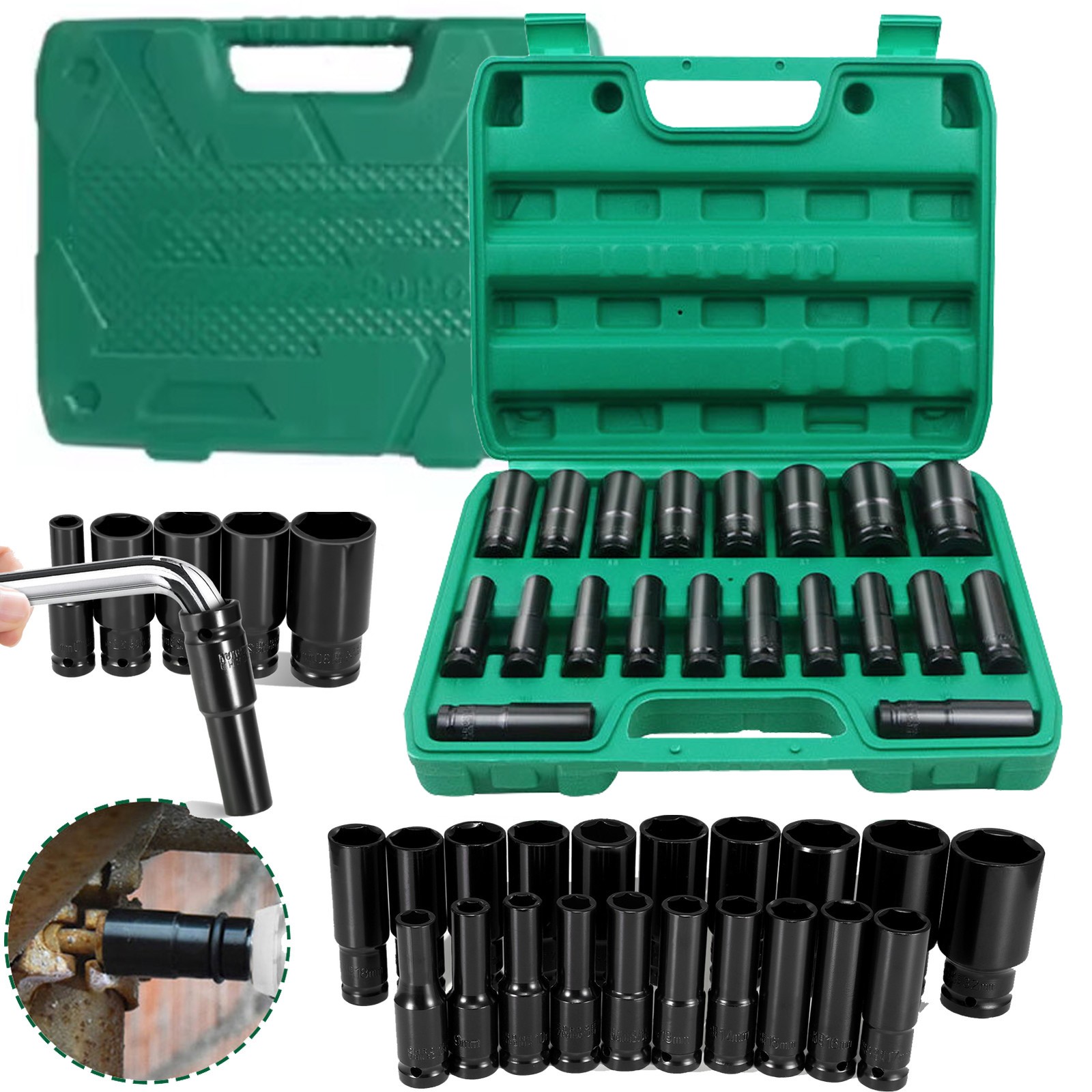 20PCS 1/2Inch Impact Sockets Set Drive Metric 8mm-32mm Deep 6-Point Set w/case