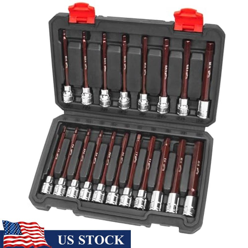 3/8 Inch Drive Long Allen Hex Bit Socket Set 19PC Standard SAE & Metric Sockets