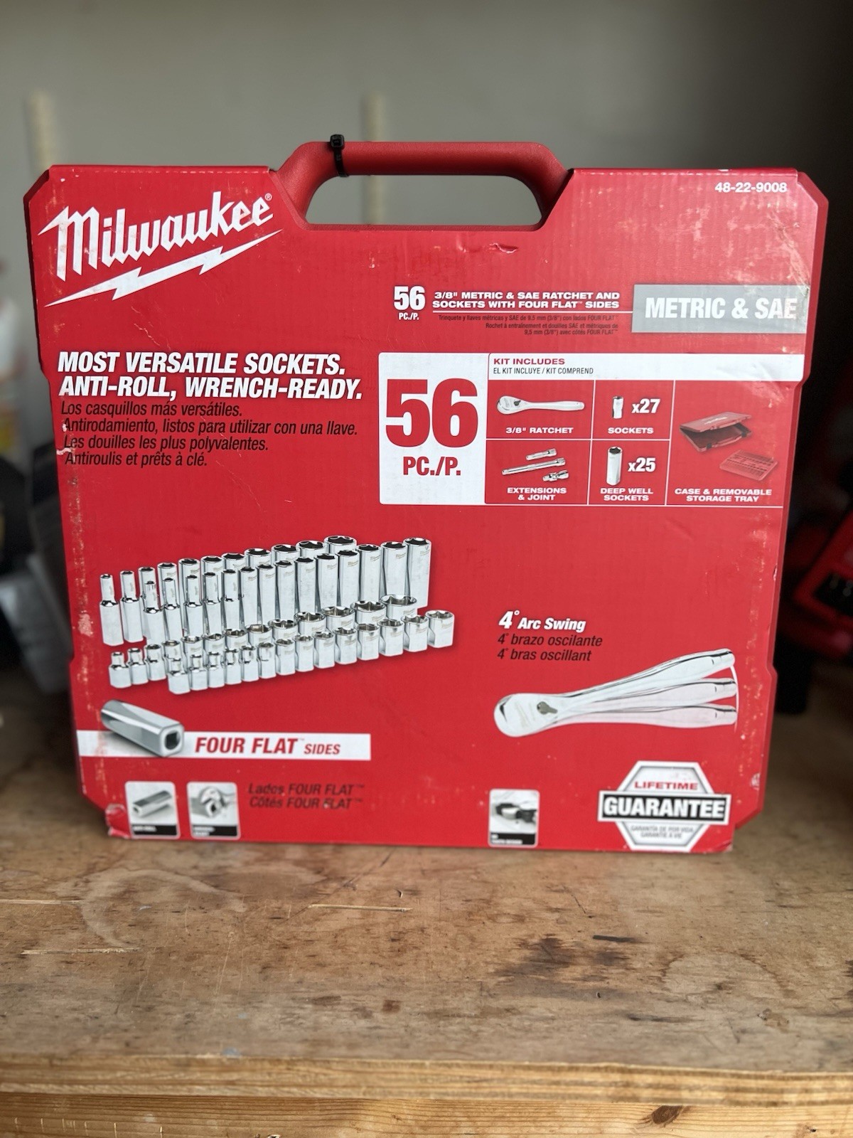 [NEW] (48-22-9008) Milwaukee 3/8″ Drive 56pc Ratchet & Socket Set with FOUR FLAT