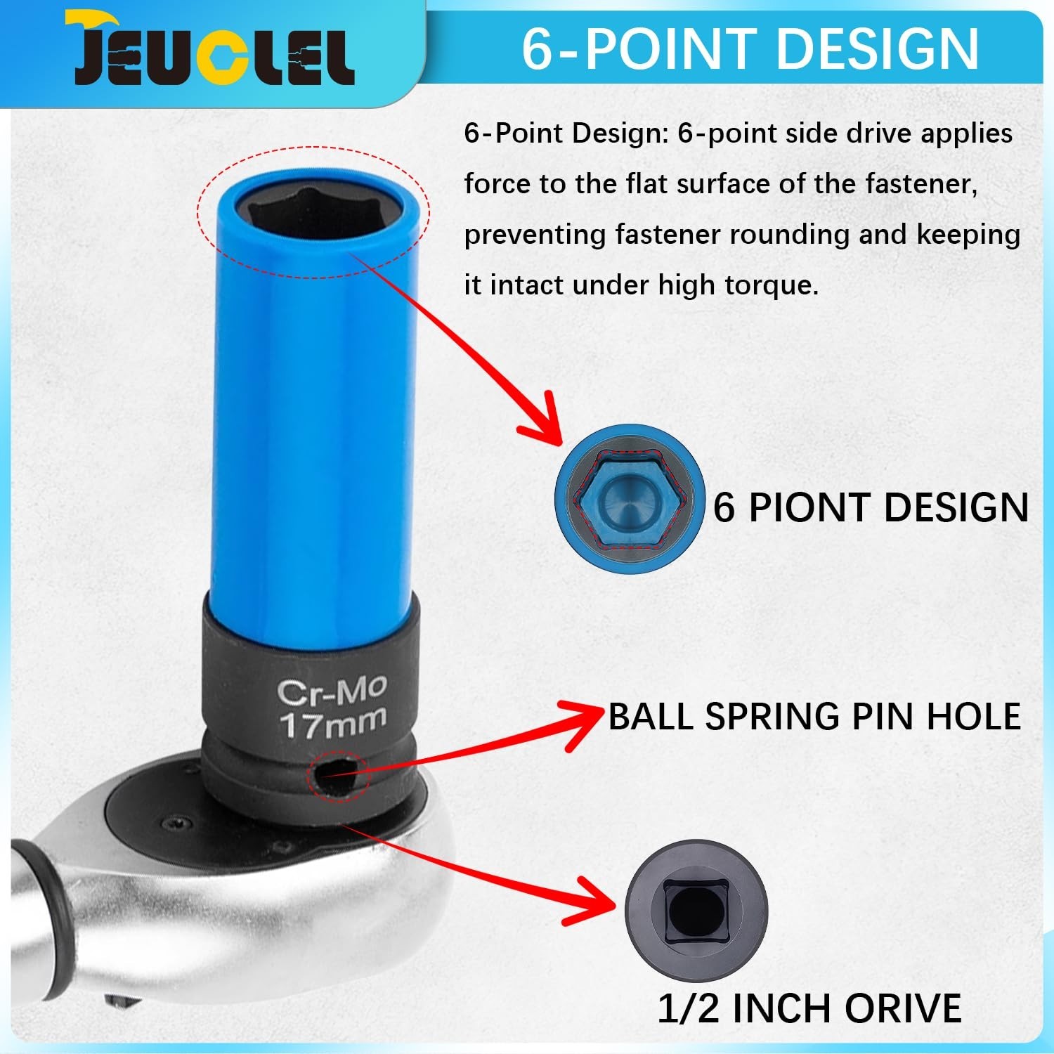 18PCS Thin Wall Lug Nut Socket Set, 1/2″ Drive, 6 & 12 Point, Impact Extension B