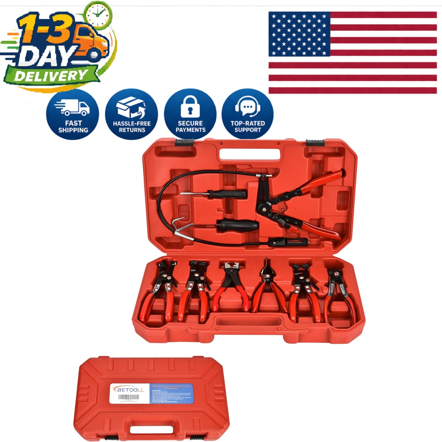 9pc Hose Clamp Pliers Set for Automotive and Plumbing – Ergonomic Grip, Red