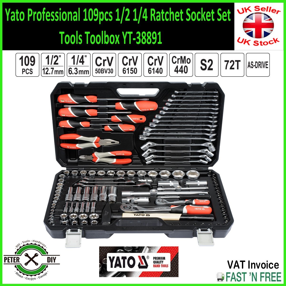 Yato Professional 109pcs 1/2 1/4 Ratchet Socket Set Tools Toolbox YT-38891