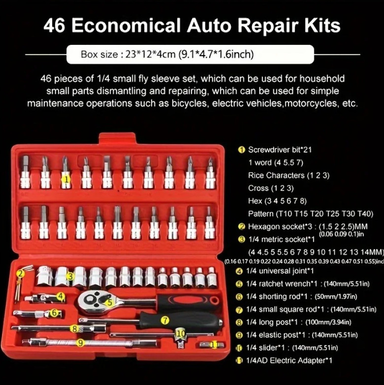 46pcs Car Repair Tool Kit Ratchet Wrench Screwdriver Socket Set for Auto & Bike