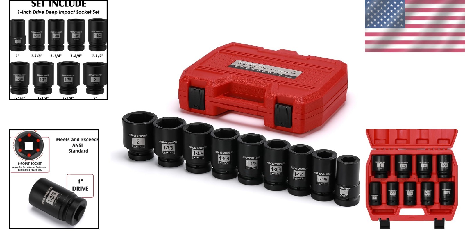 9-Piece 1″ Drive CR-MO Deep Impact Socket Set – Durable Black Phosphate Finish