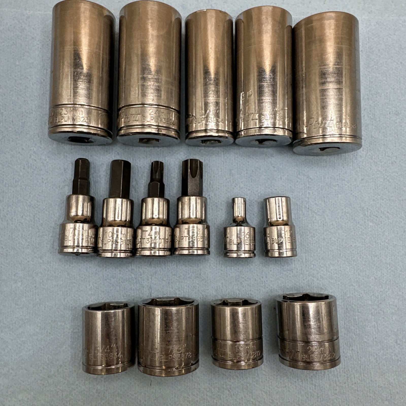 15 Pc Blue Point Sockets Lot In Decent Shape Mixed Sizes All 3/8” Drive
