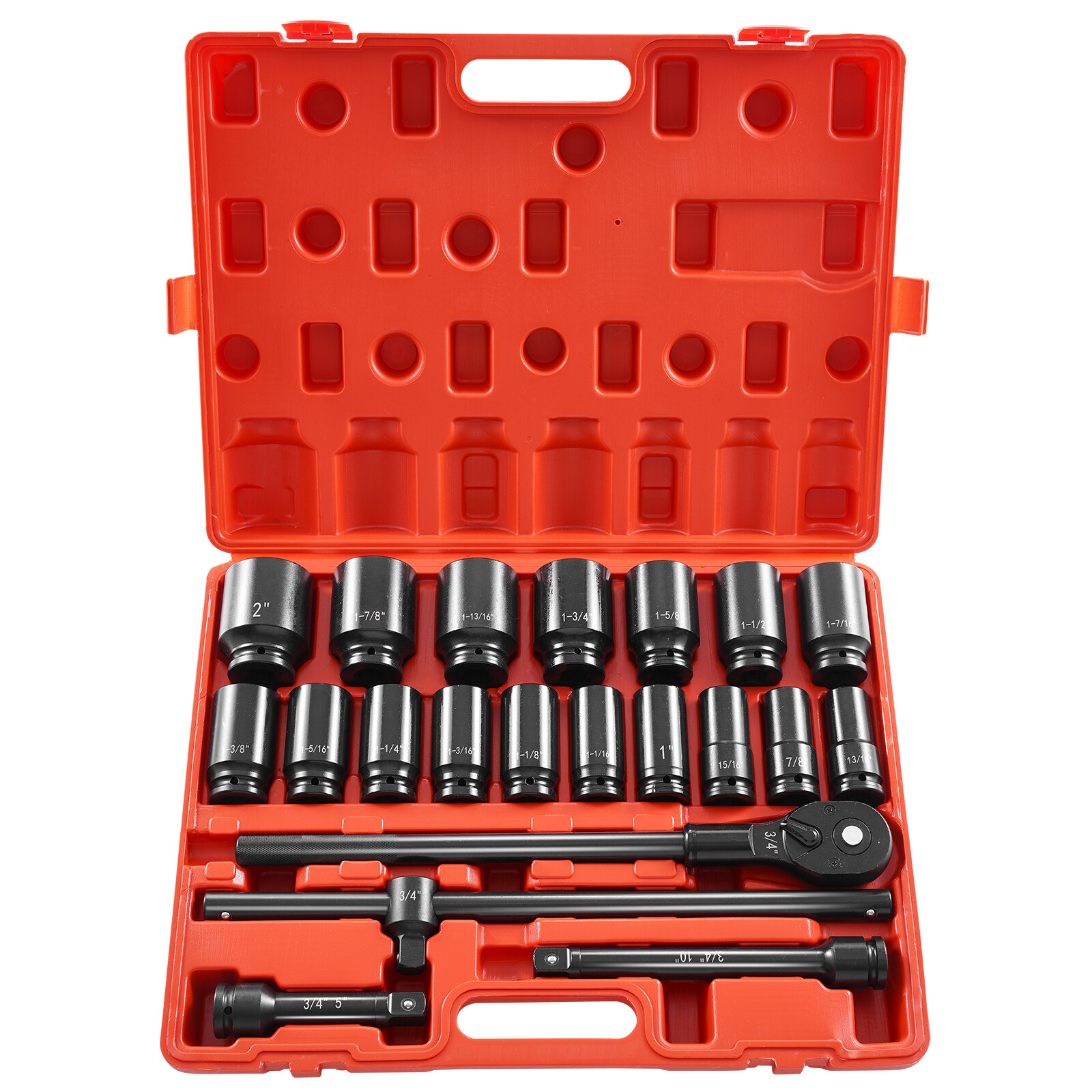 22 Pc Impact Socket Set 3/4″ Drive Deep SAE Cr-Mo Extension Bar Sliding T-Bar