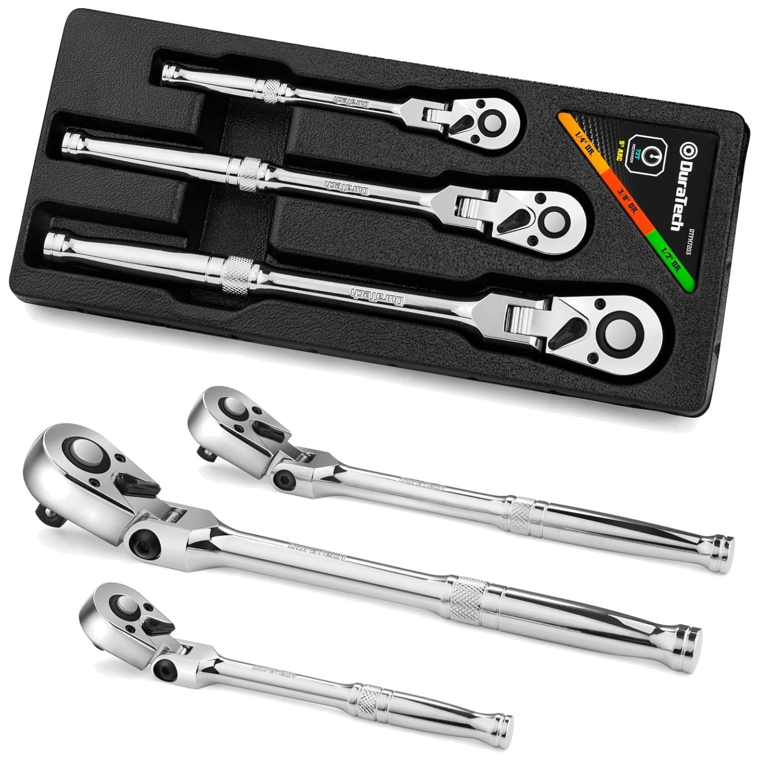 3-Piece Flex-Head Ratchet Set, Alloy Steel, 72-Tooth Design