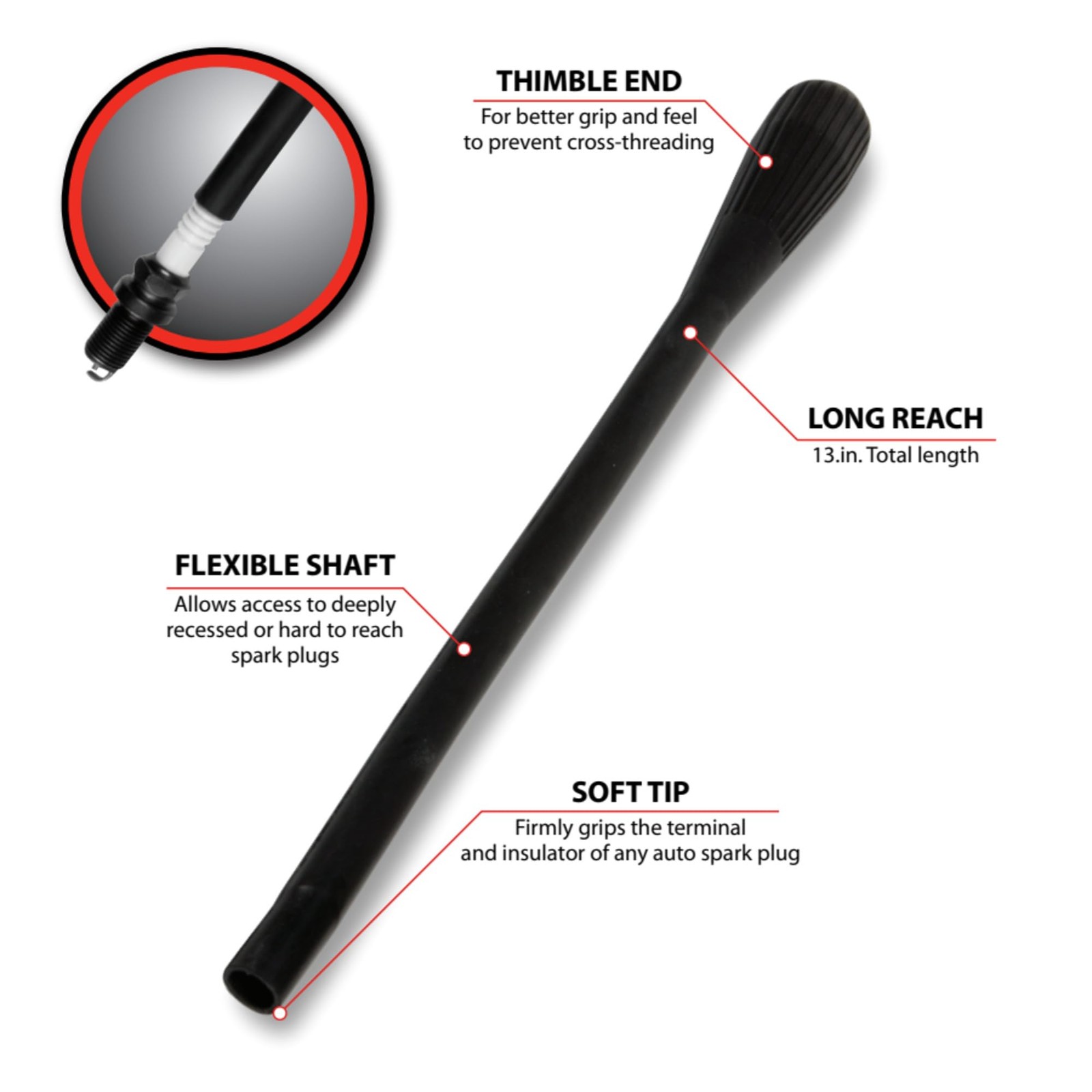 13-Inch Rubber Flexible Spark Plug Install & Removal Tool – Alloy Steel, Hand Dr
