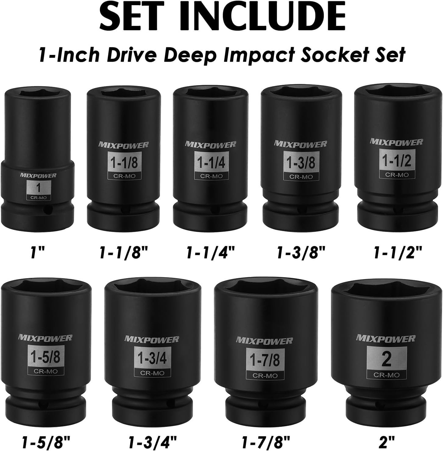 9-Piece 1″ Drive CR-MO Deep Impact Socket Set – Durable Black Phosphate Finish