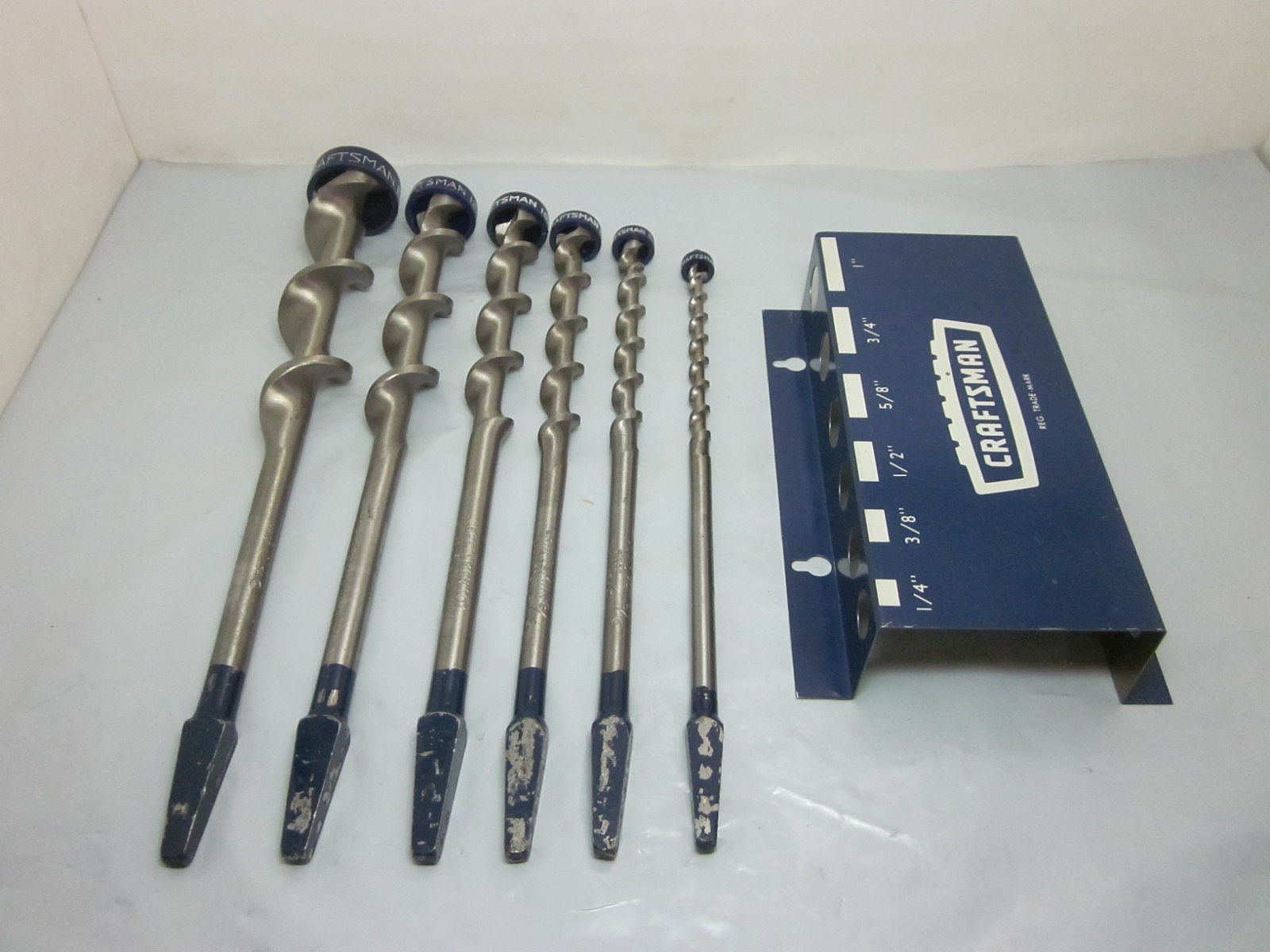 Vtg Craftsman Set Of 6 Auger Drill Bits W/Metal Wall Mount 1/4″ to 1″ USA
