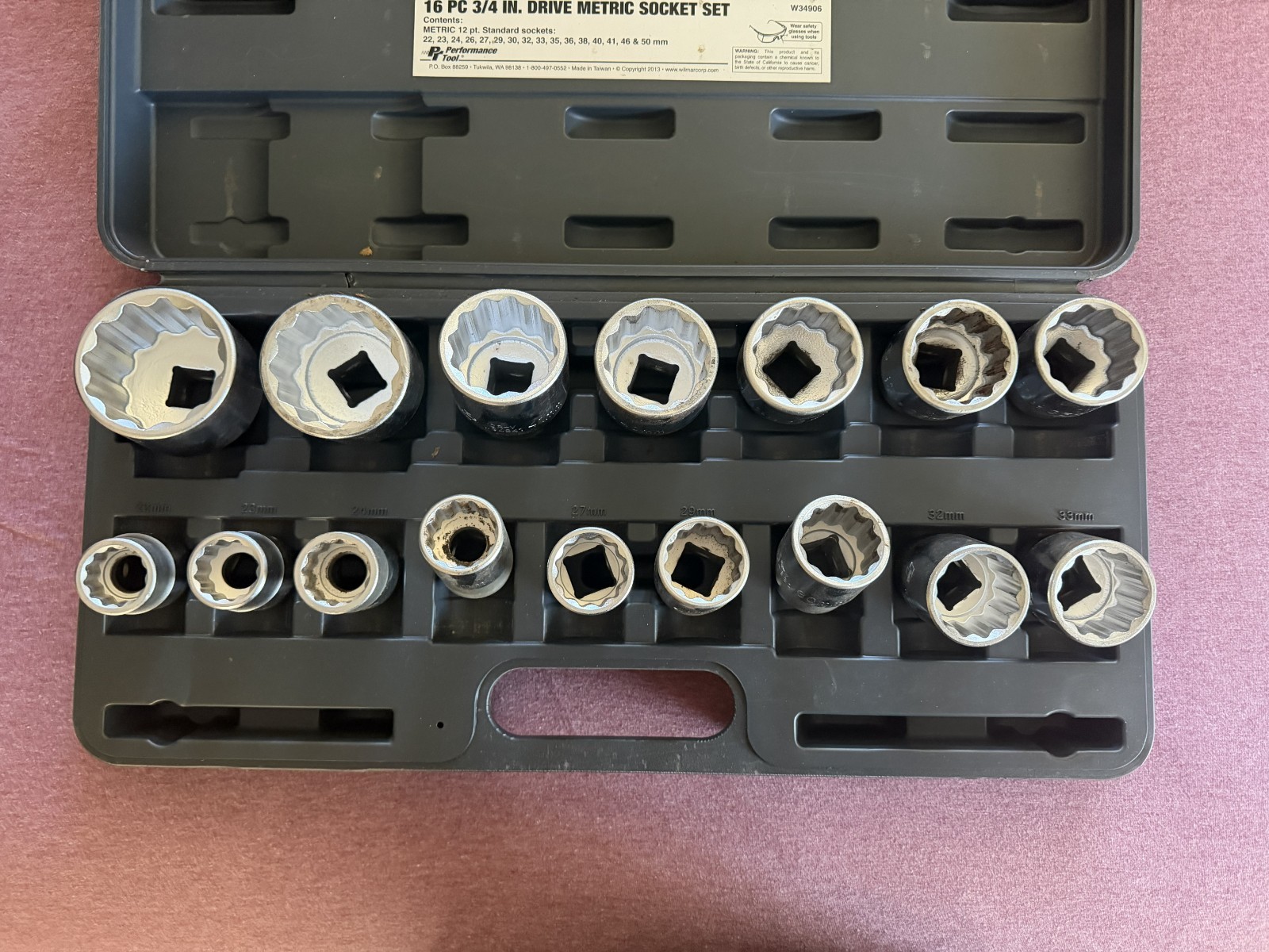 Performance Tool W34906 16pc 3/4” Drive Metric 12-Point Socket Set 22–50mm