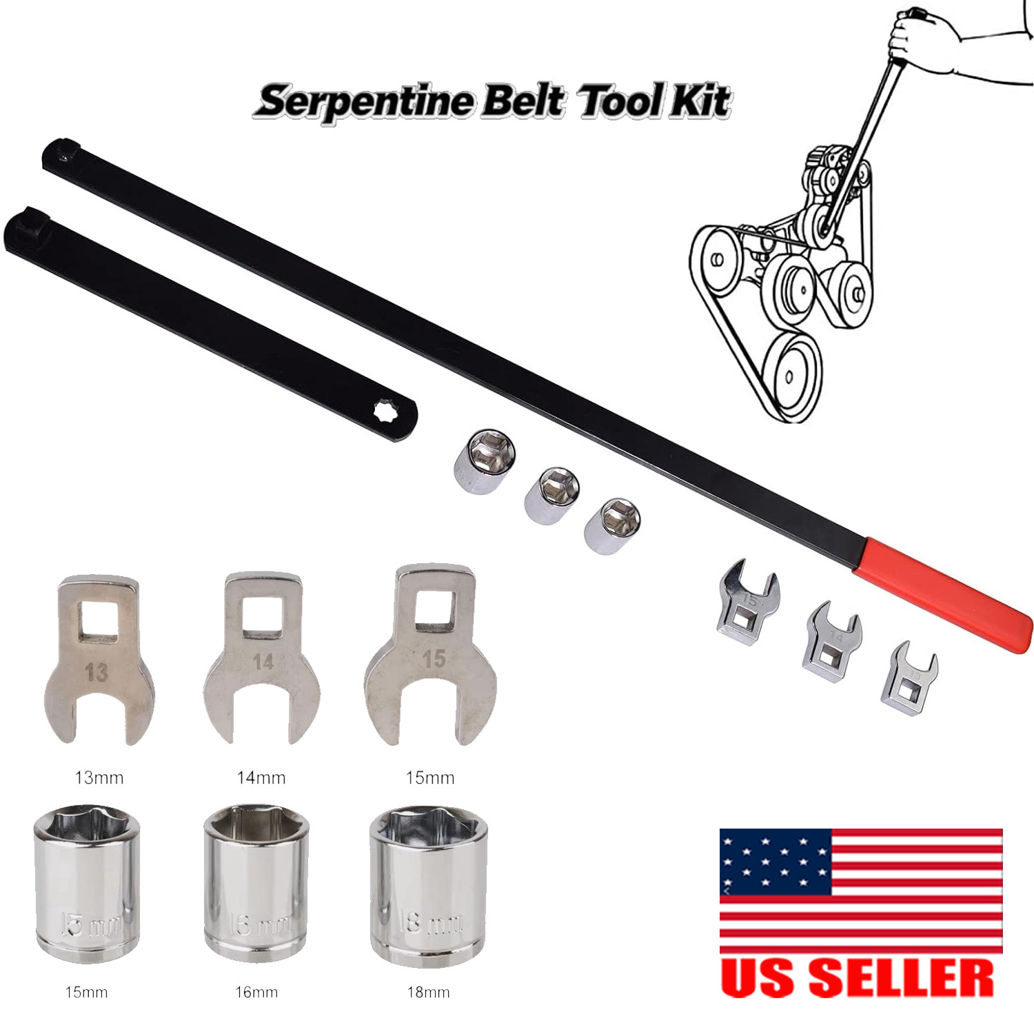 8PC Serpentine Belt Tension Tool 1/2″ 3/8″ Square Universal Belt Removal Wrech