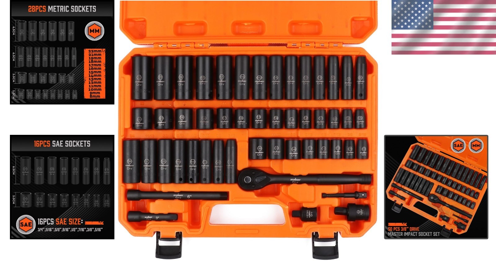 Professional 3/8″ Drive Impact Socket Set – 50-Pc SAE & Metric with Storage Box