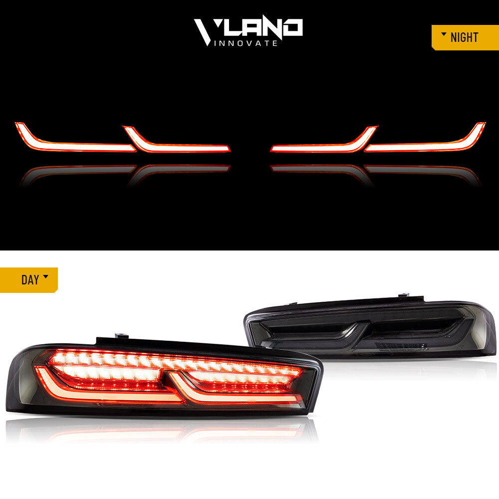 VLAND LED Tail Lights For Chevy Camaro 2016-2018 DRL FULL Smoke Red Signal Light