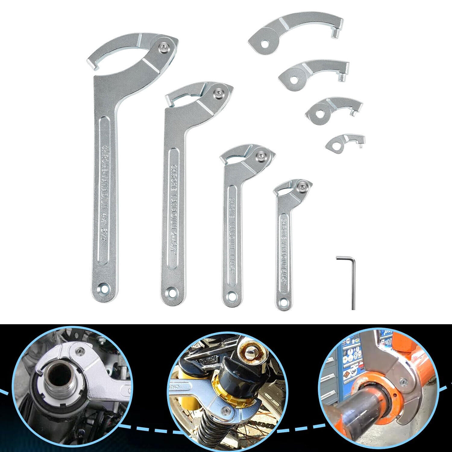 8 Pack Adjustable Hook C Pin Spanner Wrench Tool Set Nut Wrench 3/4″ to 6-1/10″