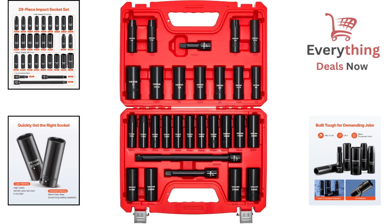 1/2″ Drive Impact Socket Set 29pc Deep Standard SAE Metric 6-Pt CR-V Extension