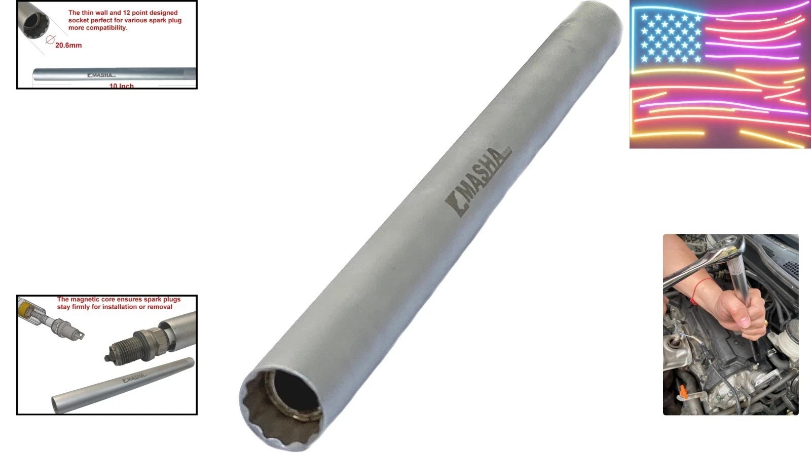 3/8 Inch Driver Magnetic Thin Wall 16 mm Spark Plug Socket 12PT 10 Inch Extra…