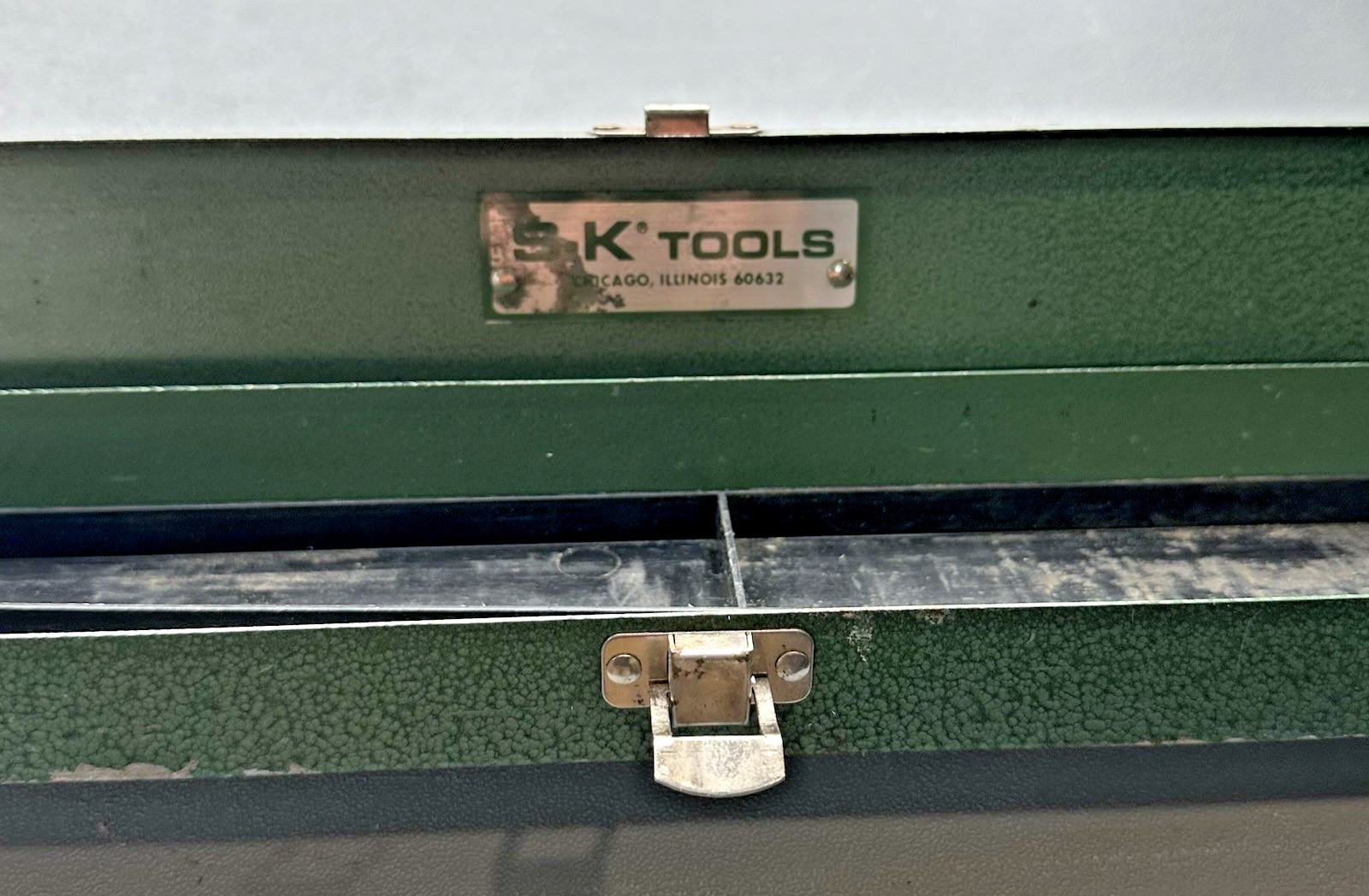 Vintage SK Tools Green Metal Socket Set Box 15″x3″Long Empty Case with Tray