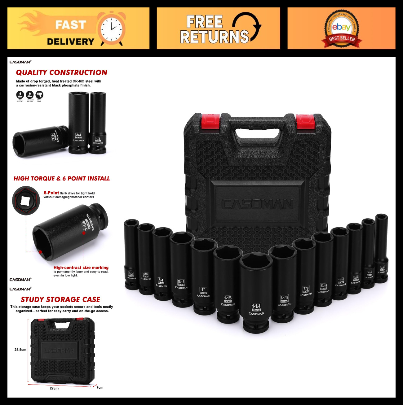14PCS 1/2″ Drive Deep Impact Socket Set, SAE 6-Point, CR-MO, Auto Repair Tools,