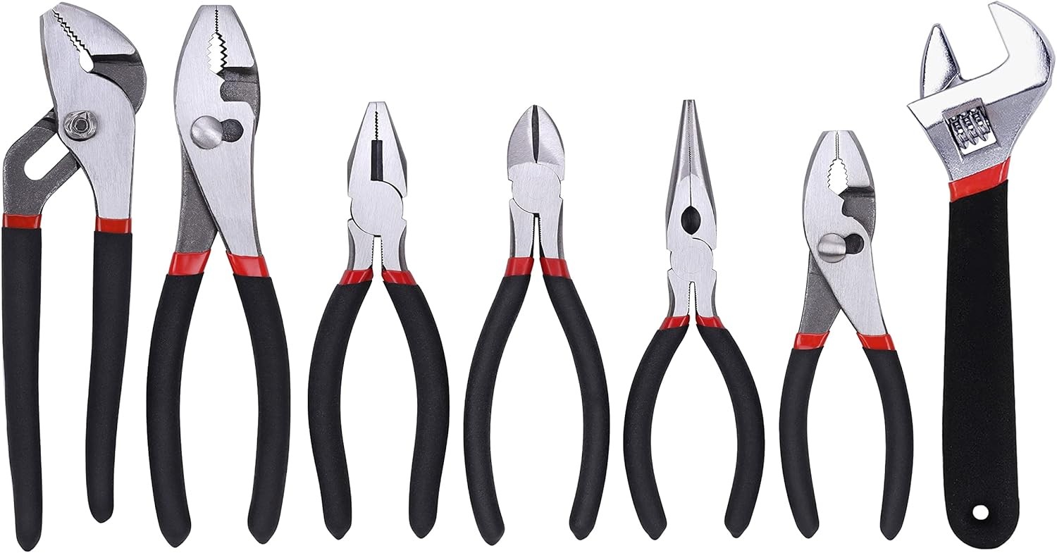 FASTPRO 7-Piece Utility Pliers and Wrench Set, Includes 8″ Black & Red