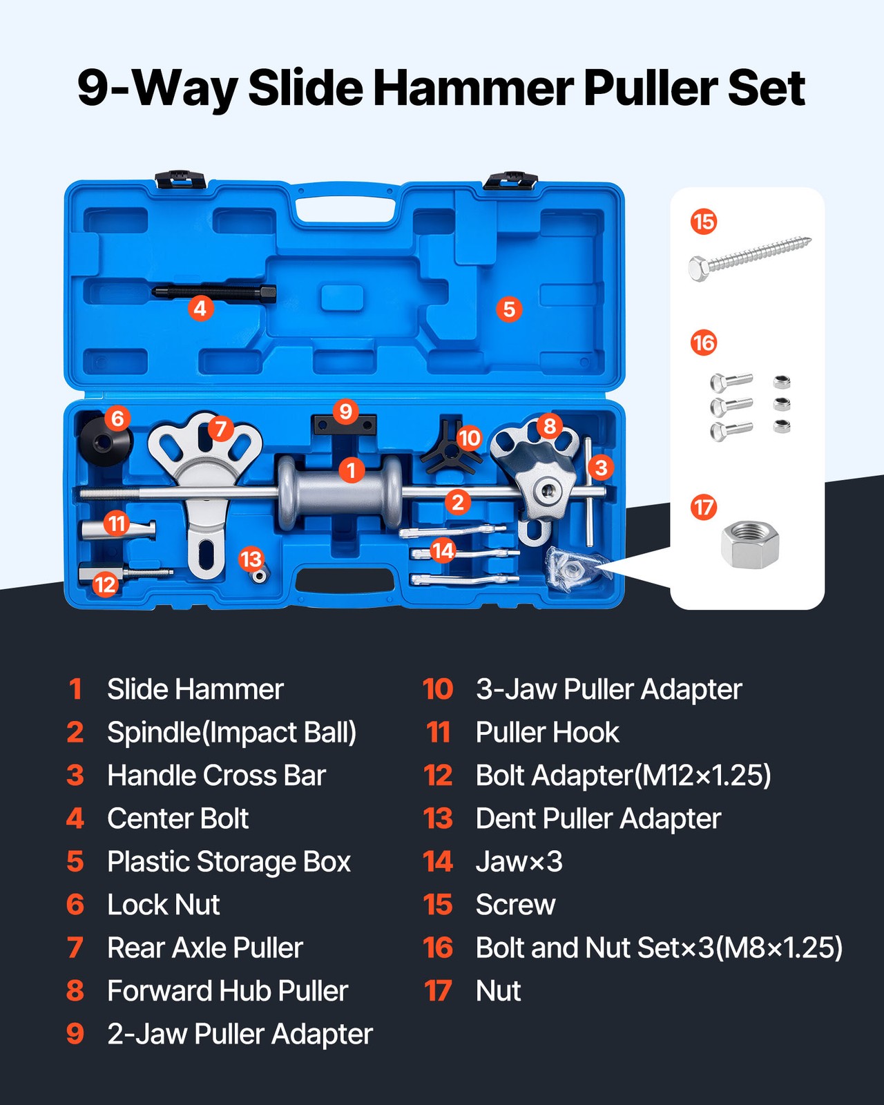 VEVOR 9-Way Slide Hammer Puller Set Front Rear Wheel Hub Bearing Remover 15PCS