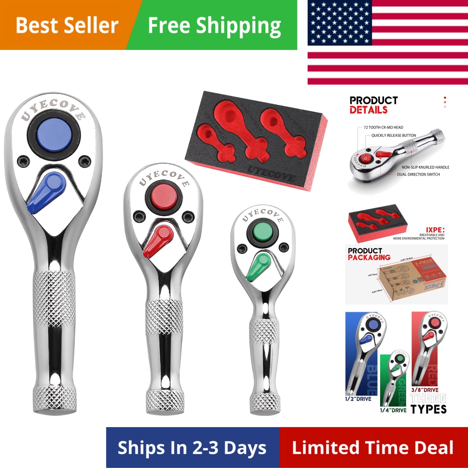 Ratchet Set 3PCs-1/4 Drive Ratchet, 3/8″ Drive Ratchet, 1/2″ Drive Ratchet, R…