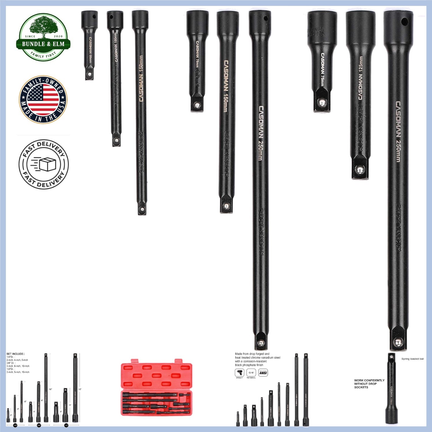 9-Piece Extension Bar Set for 1/4, 3/8 and 1/2 Drive Sockets with Carrying Case