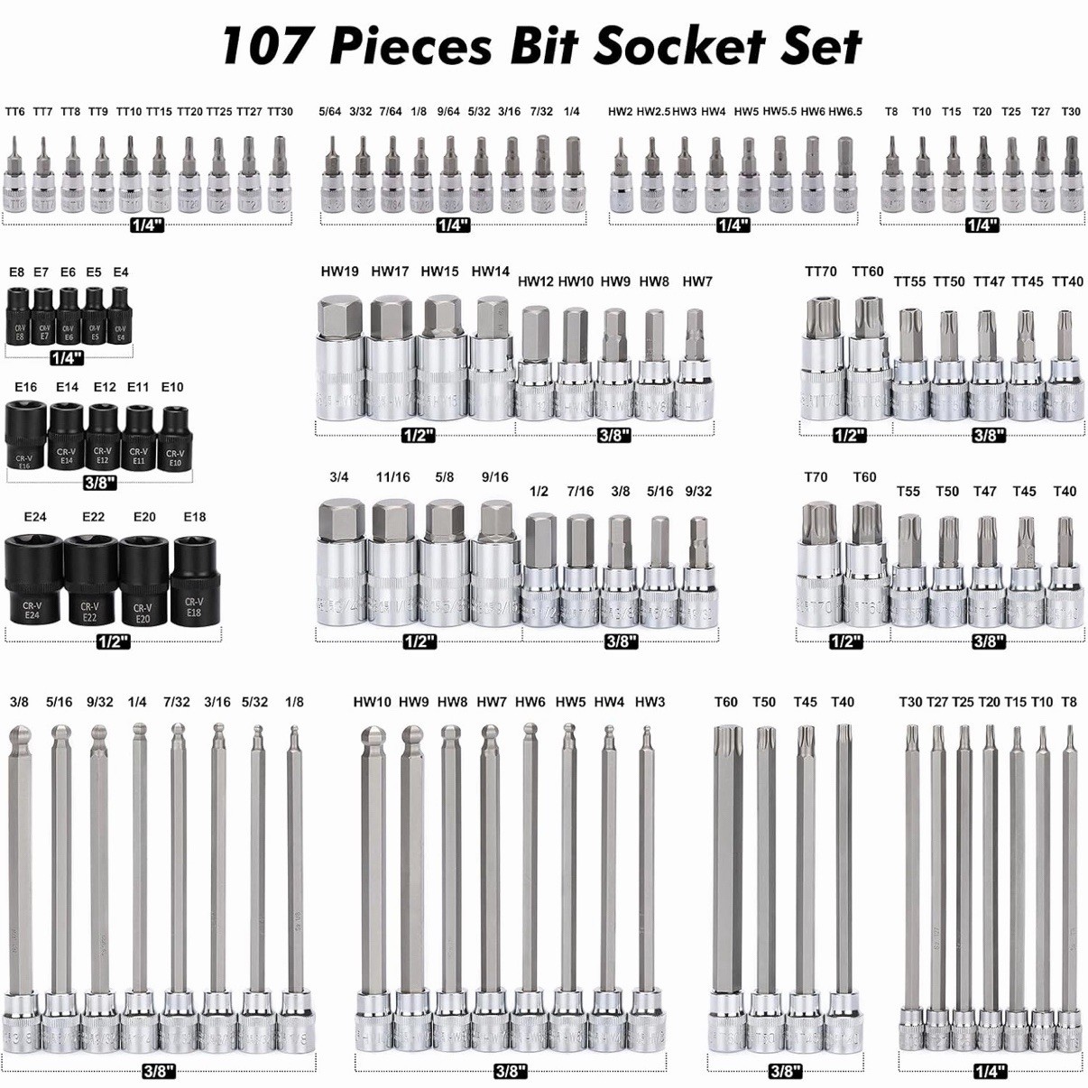 107-Piece Master Torx & Allen Bit Socket Set, S2 Steel, 1/4″ 3/8″ 1/2″ Drive