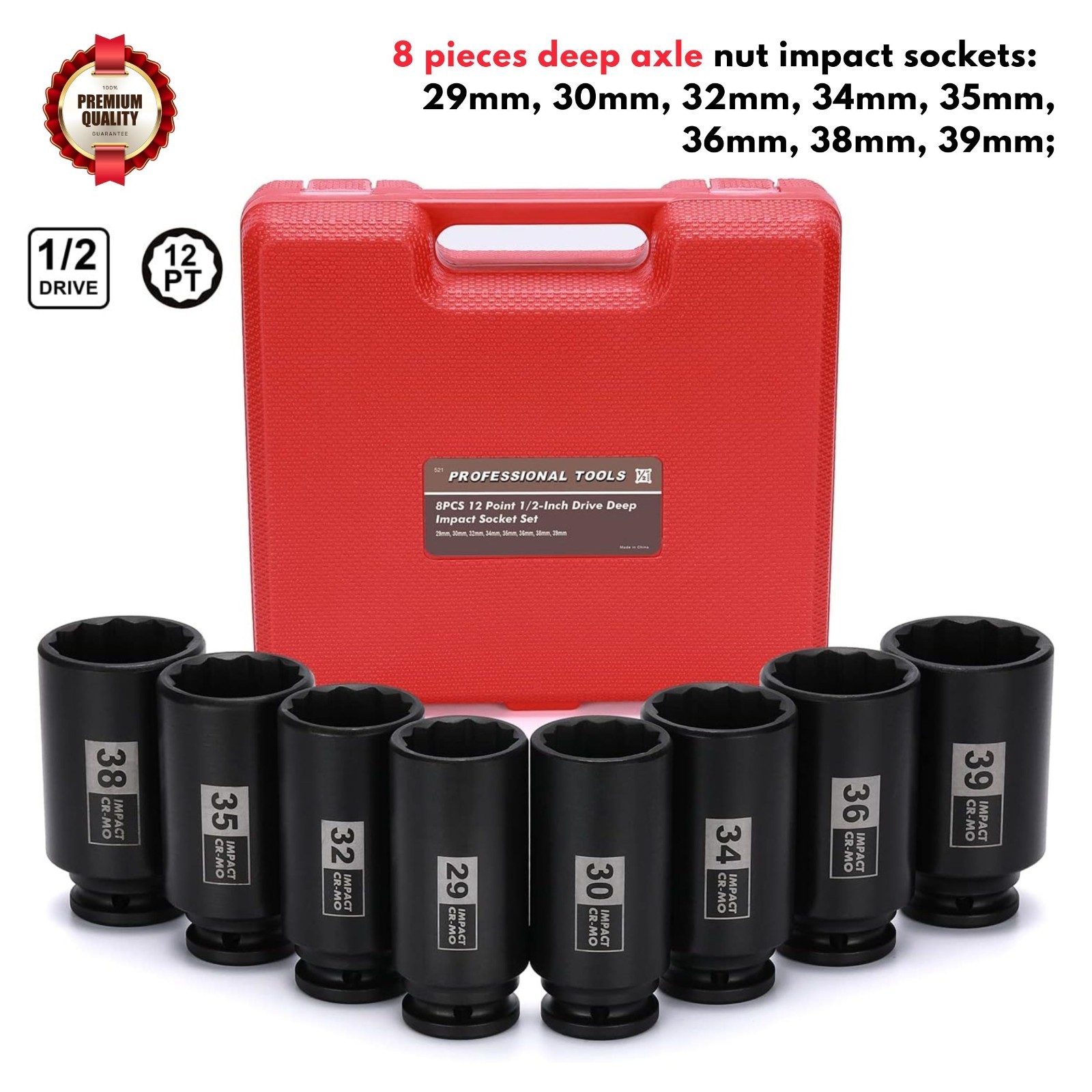 8pcs 1/2-inch Deep Spindle Axle Nut Impact Socket Set 29,30,32,34,35,36,38,39mm
