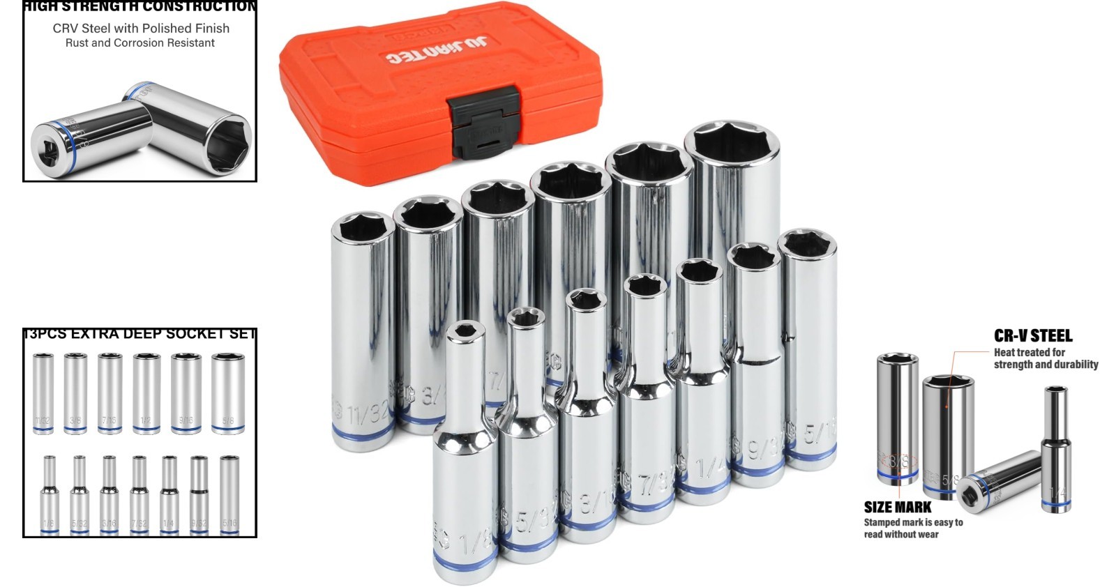 1/4″ Drive 13-Piece SAE Deep Hex Socket Set – Durable Chrome Finish Included