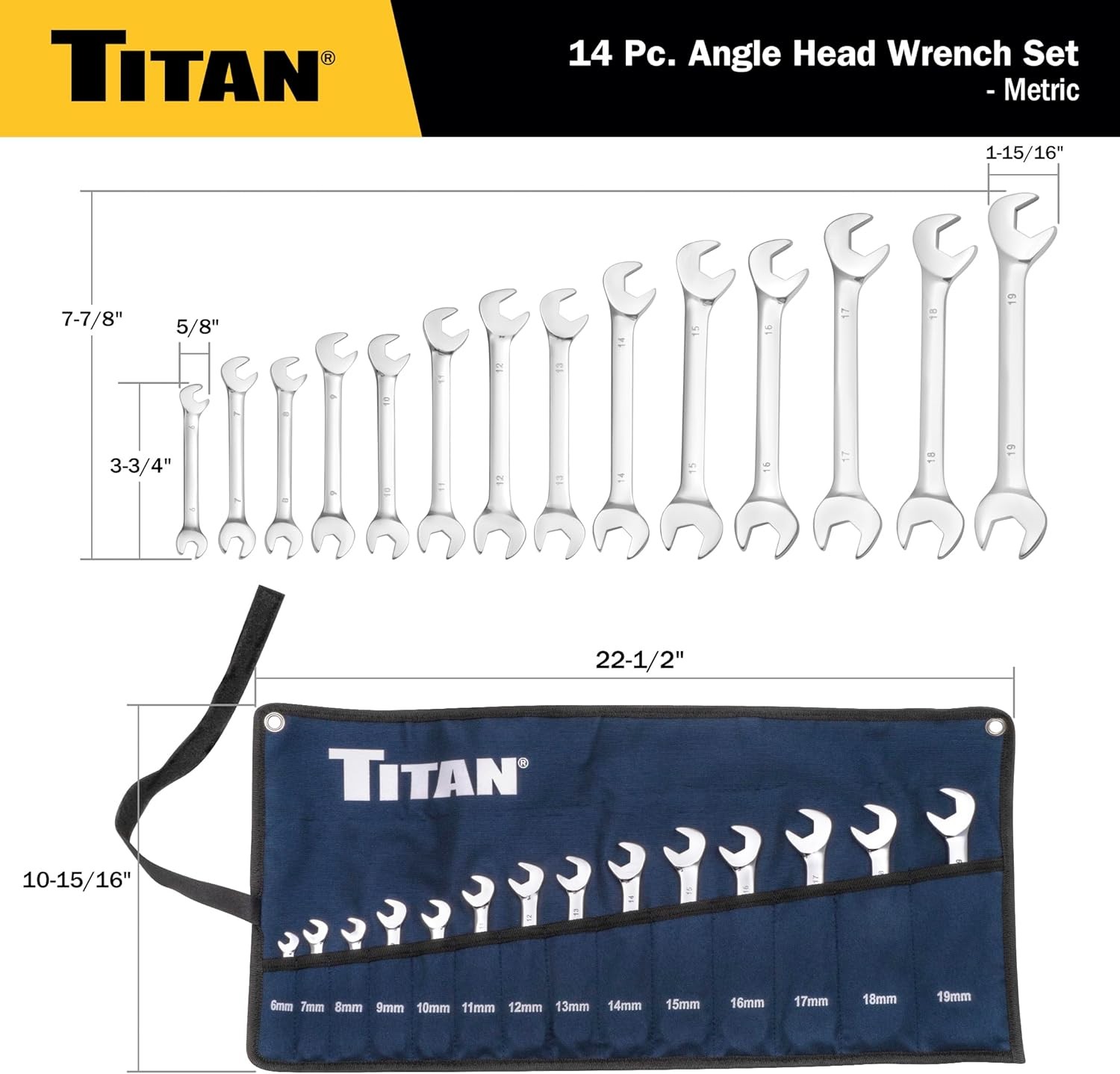 Titan Tools 14-Piece Metric Angle Head Open End Wrench Set (17284)