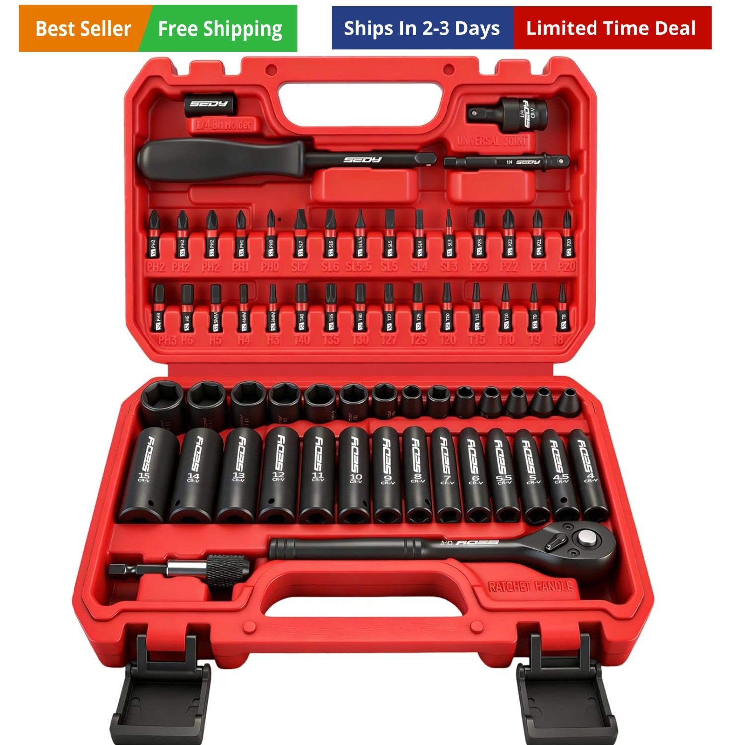 64-Piece 1/4″ Drive Impact Socket Wrench Driver-Bits Set, Cr-V Metric&SAE Dee…