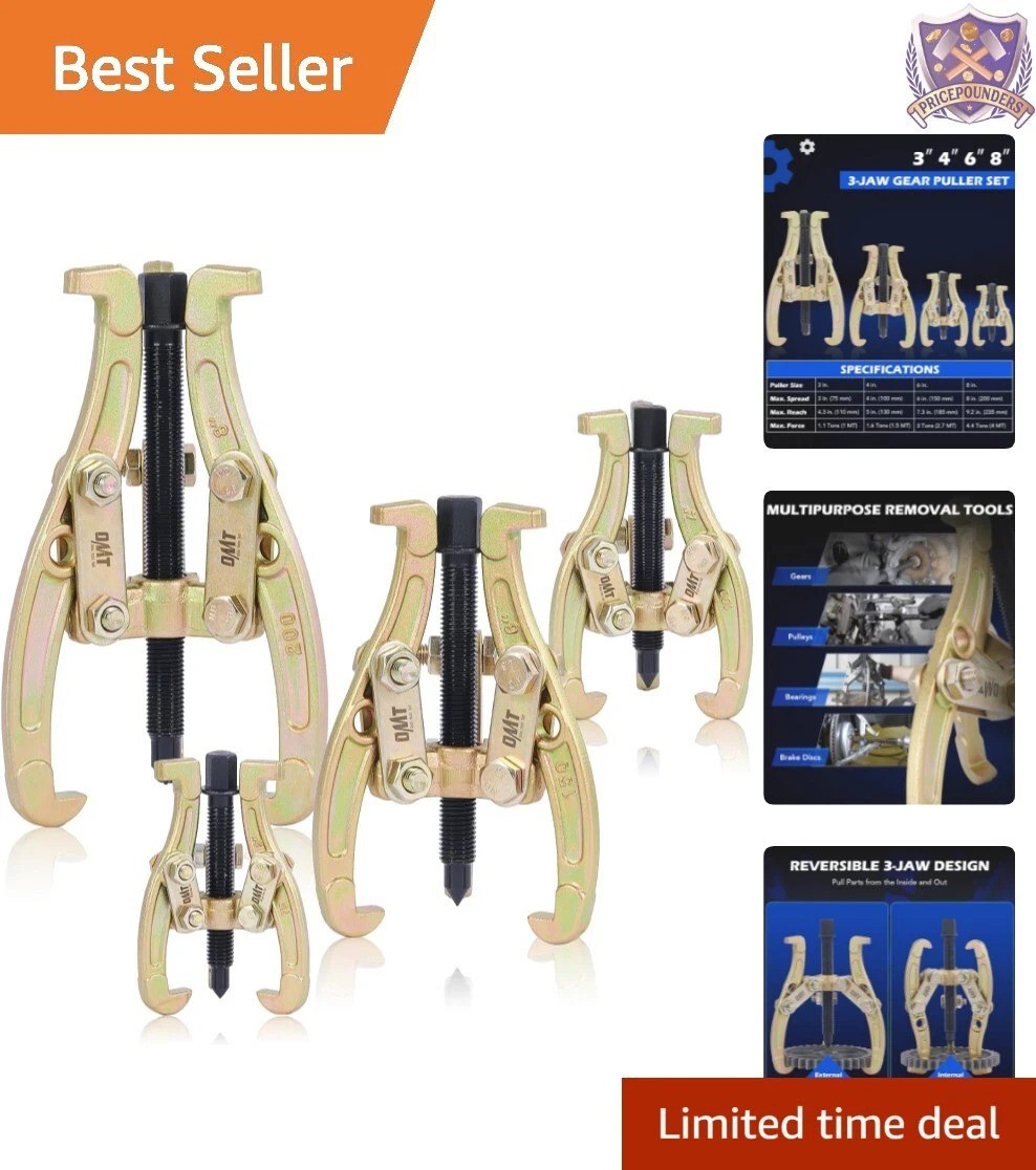 Universal 4-Pc Heavy Duty Gear Puller Set with Reversible Jaws – Compact Design