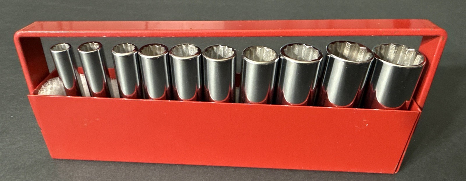NOS VINTAGE WRIGHT TOOL 1/4” SAE DEEP 10pc SOCKET SET W/ RED RAIL 3/16” – 9/16”