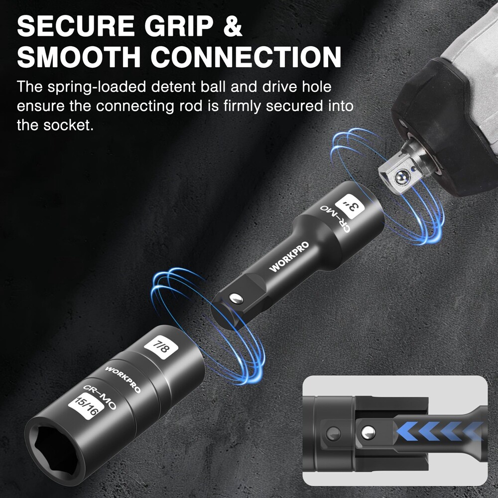 WORKPRO 5PC 1/2″ Dr Impact Socket Set Lug Nut Wheel 3″ Extension Bar Flip Socket