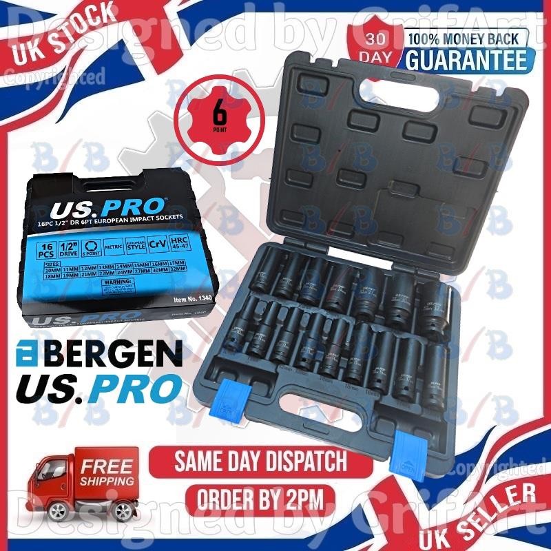 US PRO 16PC DEEP IMPACT SOCKET SET 6PT METRIC LONG REACH HEX SOCKET 1/2″ DRIVE