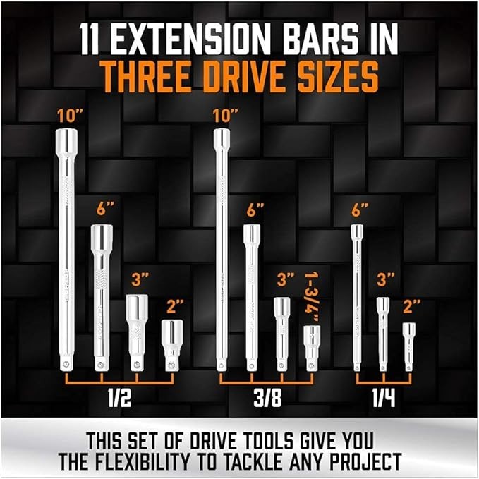 20-Piece Socket Extension Bar Set, 1/4″, 3/8″ and 1/2″ Drive Socket Extension Se