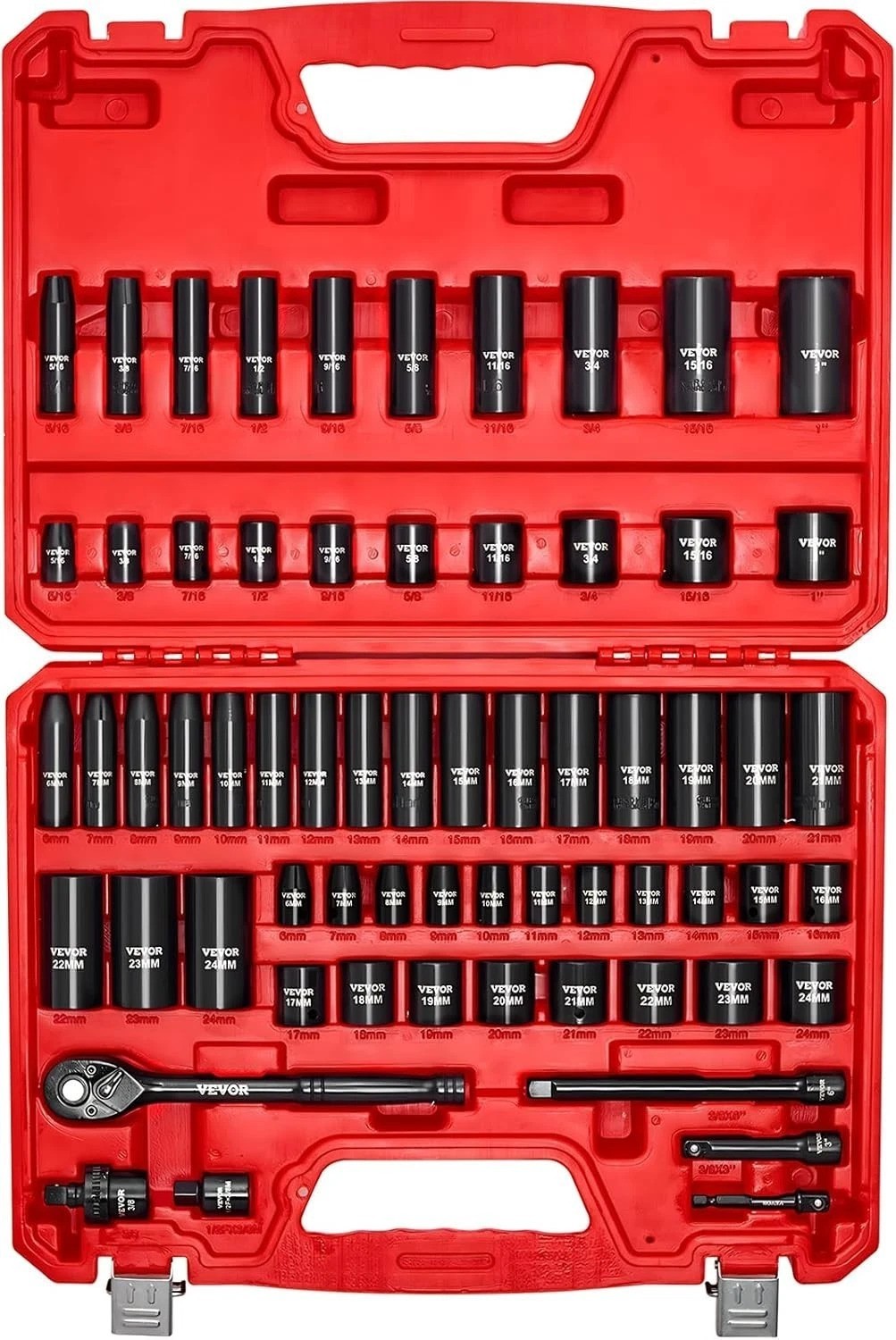 Impact Socket Set 3/8″ Drive, 64-Piece Standard SAE 5/16 to 1 inch & Metric 6…