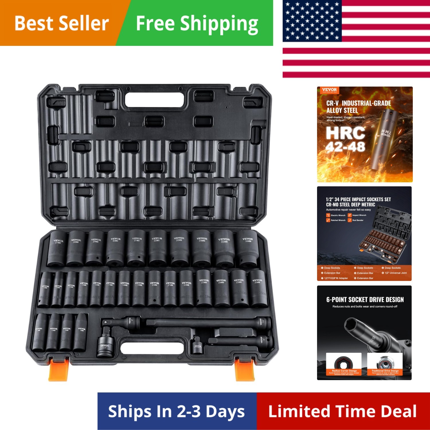 1/2″ Drive Impact Socket Set, 34 Piece Socket Set Metric 8-36mm, 6 Point Cr-M…
