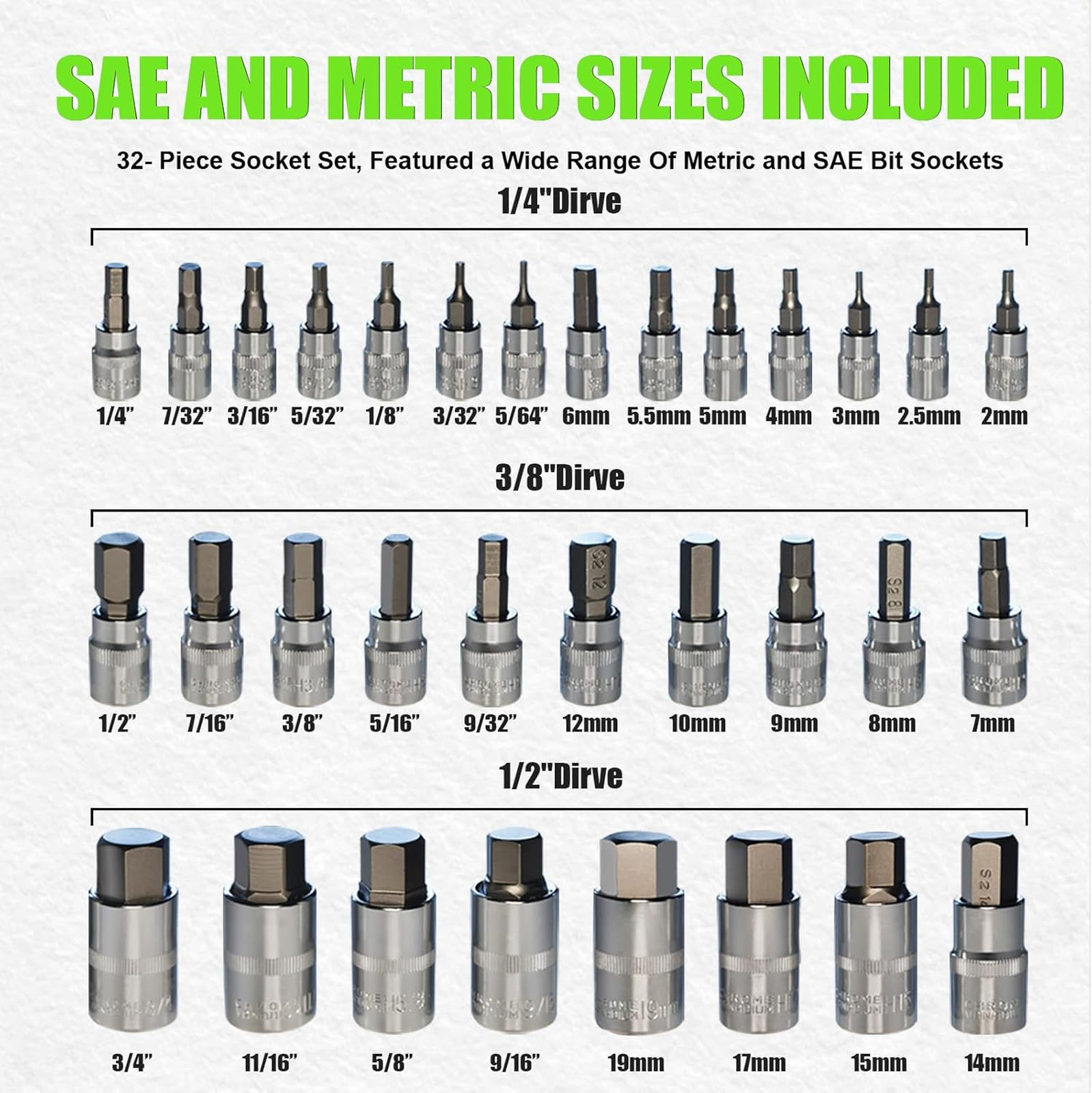 Allen Socket Set 32 Piece Hex Drive Includes SAE Metric Sizes Cr-V Steel Storage