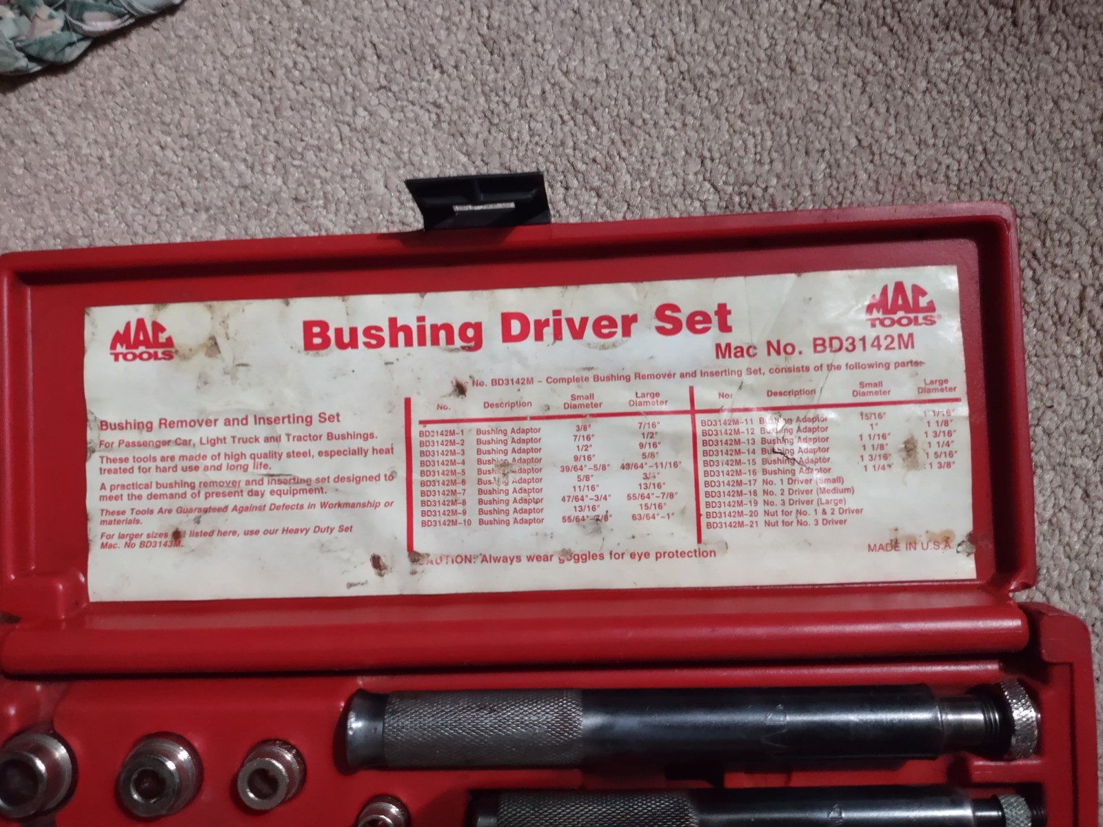 MAC TOOLS #BD3142M. 22pc Heavy Duty Bushing Driver Set #BD3142M