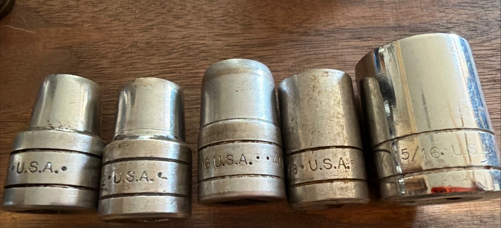 Lot of 5, S-K Sockets 6 point 7/16, 1/2, 9/16 & 12 Point 5/8, 15/16 USA Shallow